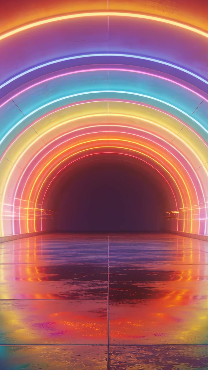 Vertical video: Cueing neon arches pulsing, mirroring floor, showing portal and glitch in tunnel