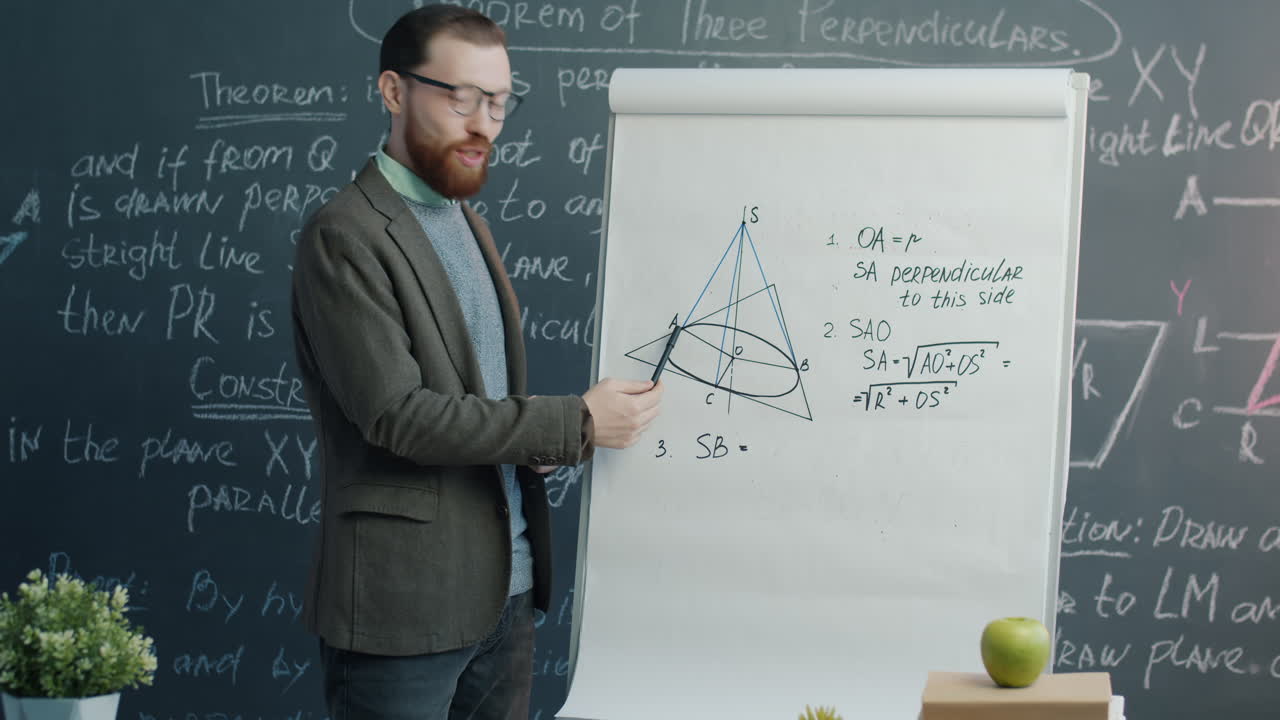 Teacher explaining geometry theorem on whiteboard