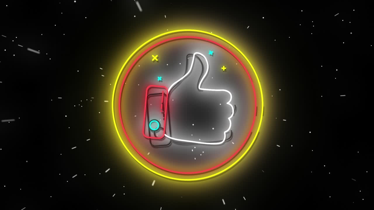 animación de pulgares digitales de neón parpadeantes como un icono en un círculo brillante