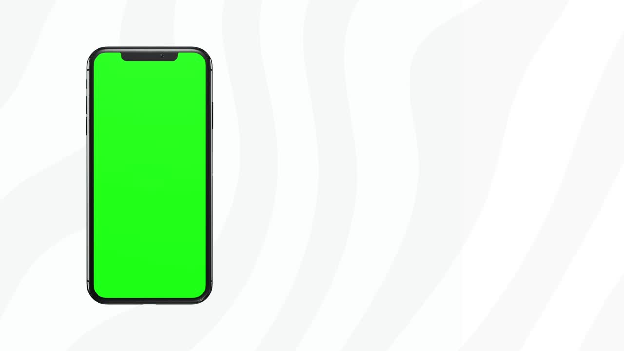 흰색 물결 배경에 격리된 녹색 화면, 전면 보기가 있는 휴대 전화