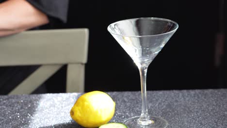 Bartender-Preps-to-Make-a-Cocktail-in-Martini-Glass-with-Lemon-and-Cucumber-Slices-using-Ice-Tongs-and-a-Silver-Cobbler-Shaker,-Closeup-of-Woman’s-Hands-with-Pink-Nail-Polish-on-Granite-Table,-Closeup