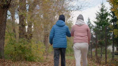 back view of woman in pink top and jogger affectionately holding her student's hand as they swing it while he holds a stick in his other hand, strolling through an autumn forest path