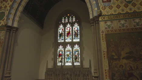 decorative walls and stained glass as seen from the inside of the cathedral