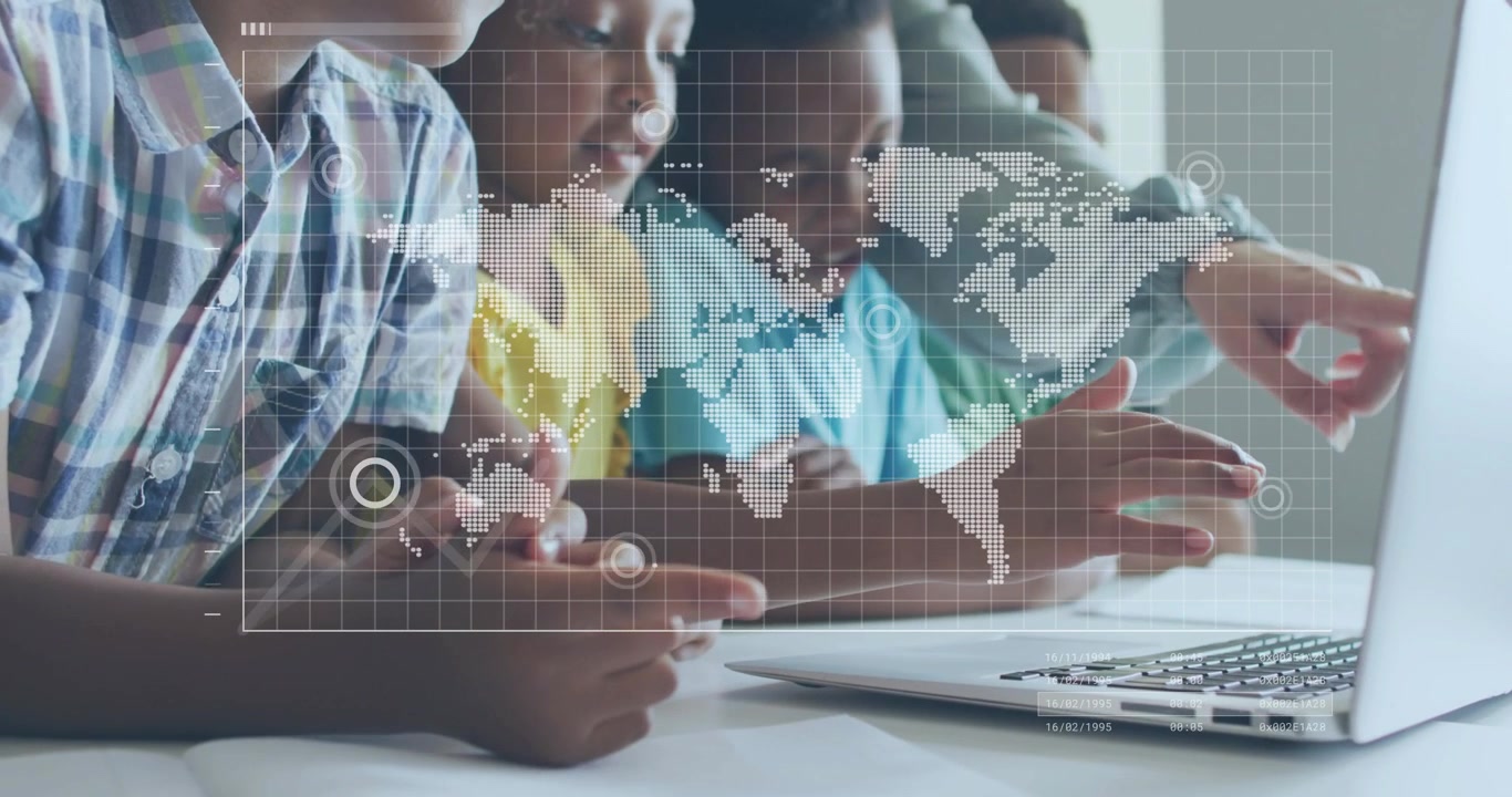 Woman guiding children pointing at laptop keyboard as overlay appearing animating learning graphs