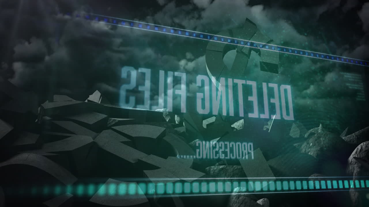 Deleting files text appearing over shattered 3D shapes and cloudy sky in animation