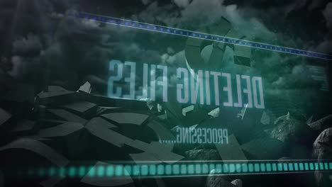 deleting files text appearing over shattered 3d shapes and cloudy sky in animation