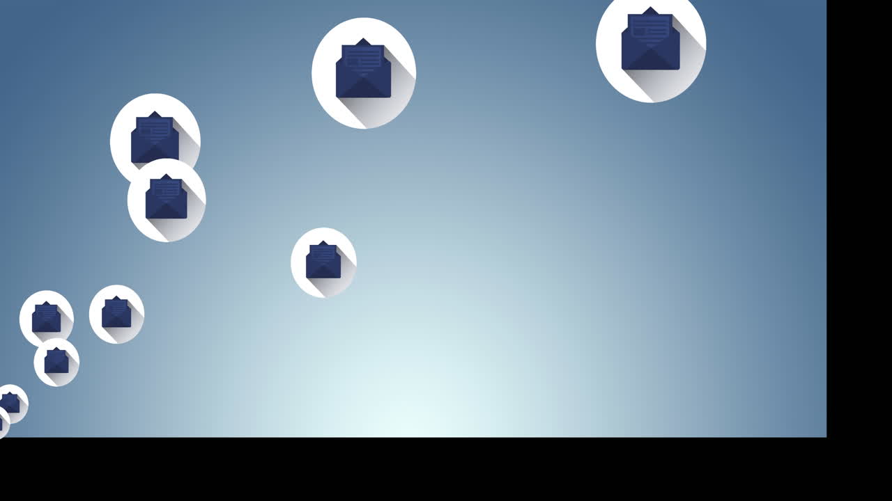 파란색 배경에 떠다니는 둥근 배너에 여러 메시지 아이콘의 디지털 애니메이션