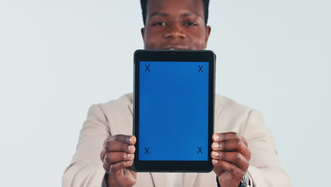 Tablet,-green-screen-and-face-of-business-man