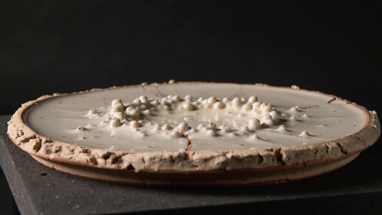 Fotocamera che registra un disco incrostato che mostra cumuli e una crepa radiale su una base di ardesia, documentando il cambiamento.