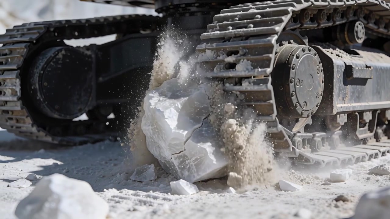 Contacting tracked undercarriage pressing pale rock at quarry, crushing fragments for track passage