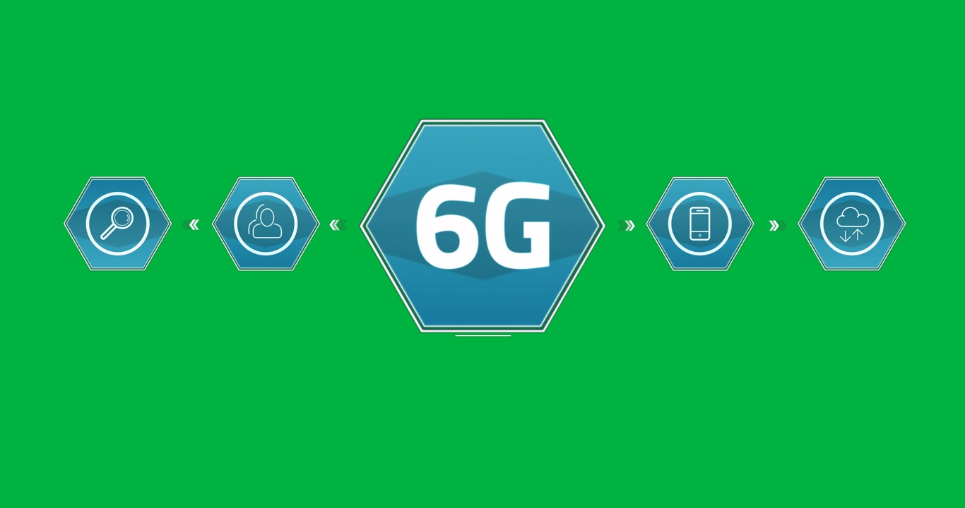 Animation of 6g text in flickering letters with network of digital icons on white background