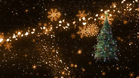 Animation-of-snow-falling-and-light-spots-over-christmas-tree-on-black-backrgound