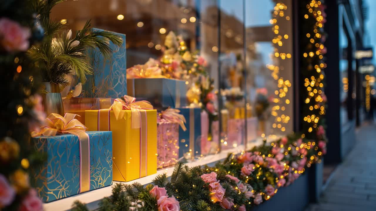 Festive Christmas Window Display with Gifts and Decorations