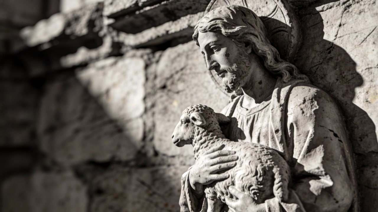 Câmera se aproximando, estátua de pastor na igreja embalando cordeiro, revelando túnica, auréola, espaço para texto