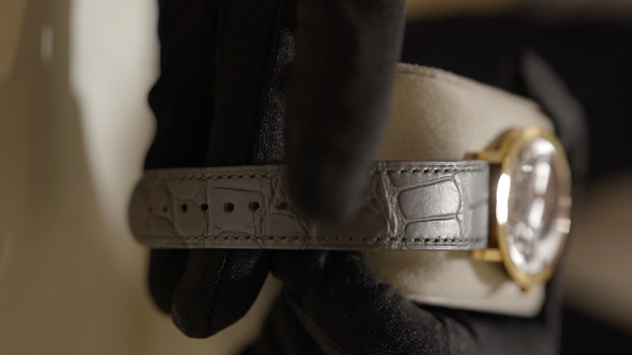 vendedor de joyería vertical que presenta un elegante reloj de pulsera con una elegante correa de cuero estilo piel de serpiente