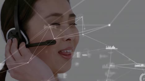 Animation-of-network-of-connections-over-businesswoman-wearing-phone-headset