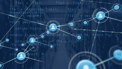 animación de la red de conexiones con iconos y procesamiento de datos a través de servidores informáticos