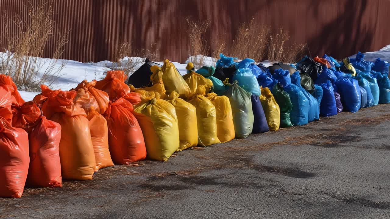 A Vibrant Array of Colorful Trash Bags Lined Up Along a Snowy Roadside, Showcasing Environmental Responsibility, Waste Management, and Recycling Efforts in the Community
