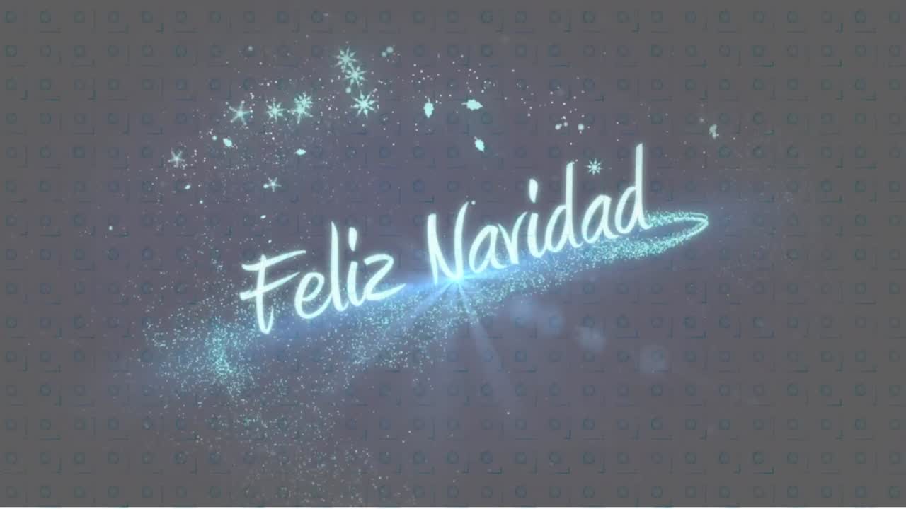 animación de texto de feliz navidad en azul brillante, con estrellas y polvo de estrellas, sobre fondo oscuro