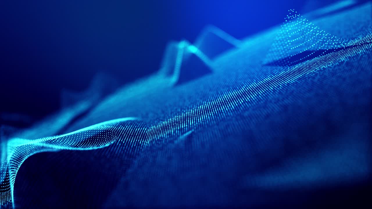 4k seamless looped science-fiction blue background. Glow particles form surface as futuristic landscape in digital space or hologram like element of information graphics on sci-fi screen HUD.