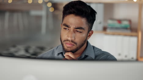 man, office and thinking by computer in night