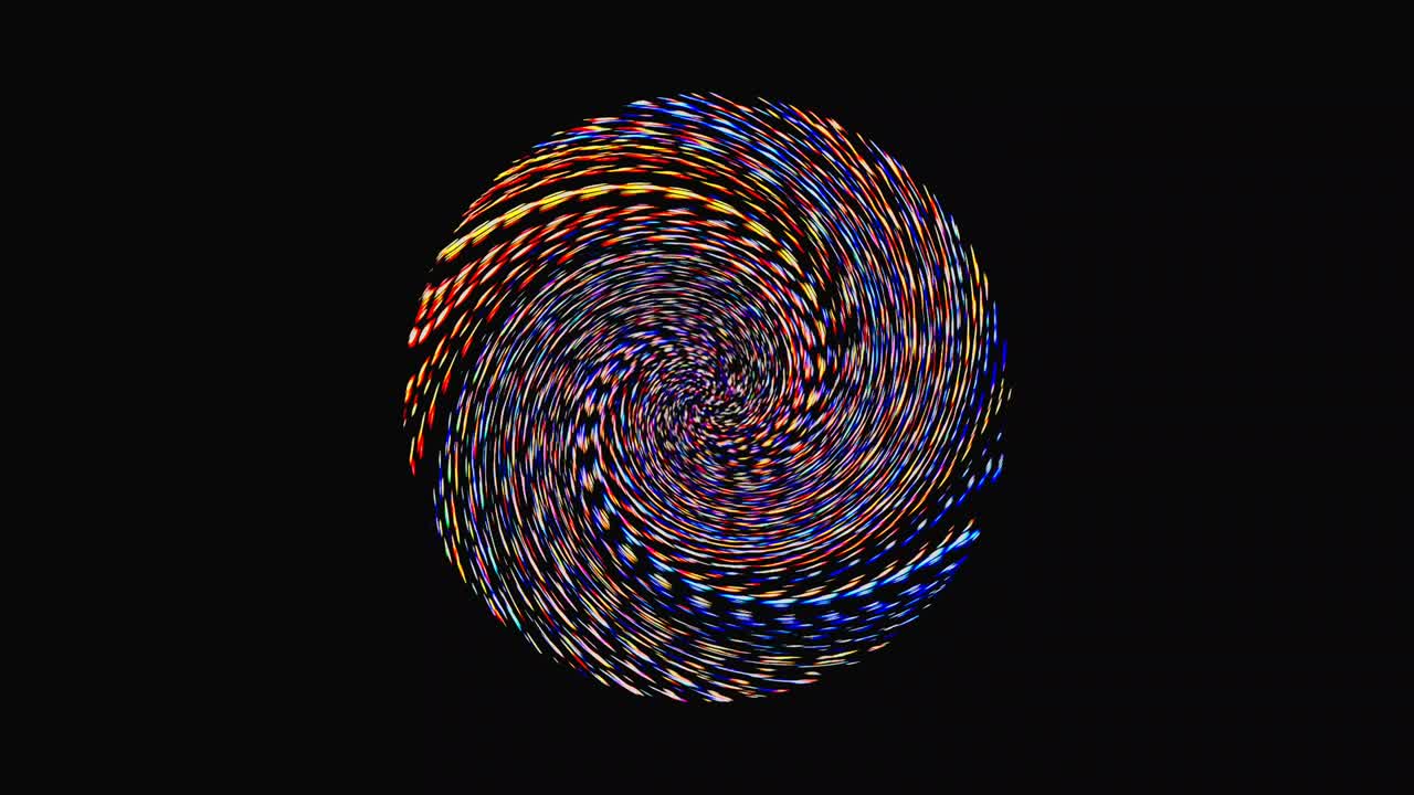 forma redonda animada de luces intermitentes multicolores, sobre un fondo negro