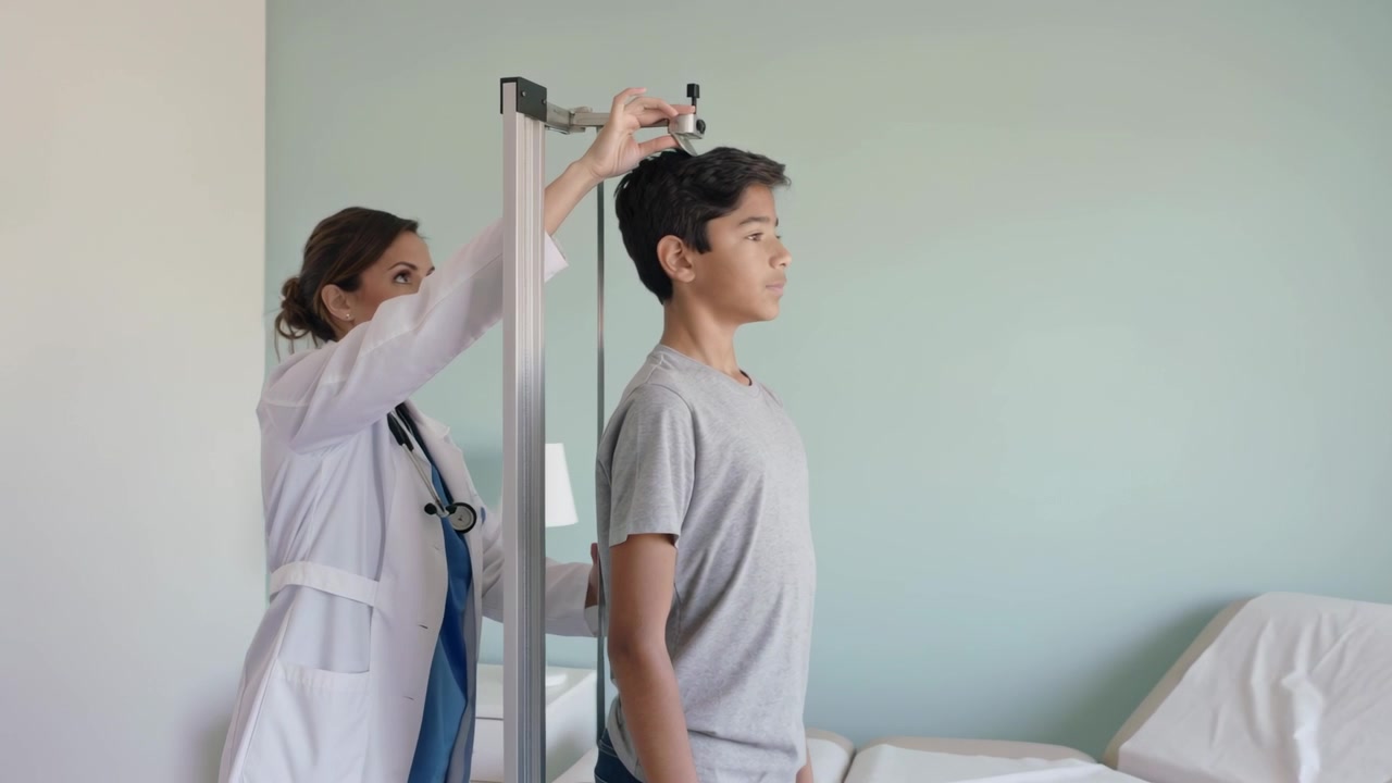 Measuring clinician in lab coat lowering stadiometer onto teen patient during exam to record height