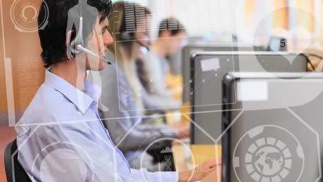 Animation-of-medical-data-processing-over-business-people-wearing-headsets