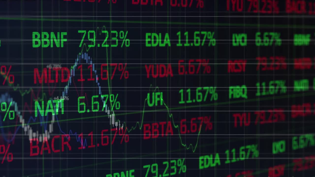 Animation von Finanzdatenverarbeitung über dunklem Hintergrund