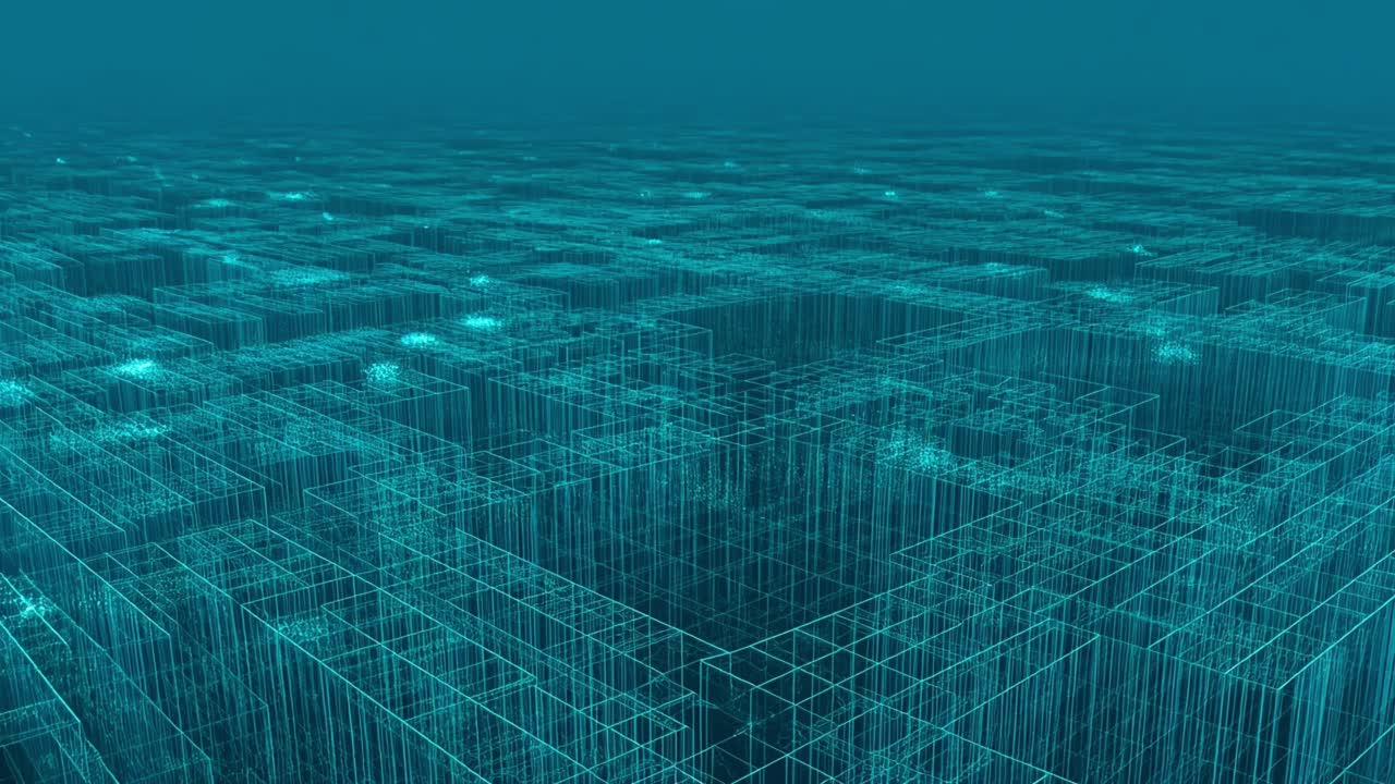 Glowing Teal Wireframe Grid Moving in Abstract Digital Space