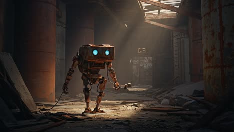 a rusty robot exploring an abandoned space: the narrative of survival in a desolate environment with sunlight streaming through broken structures