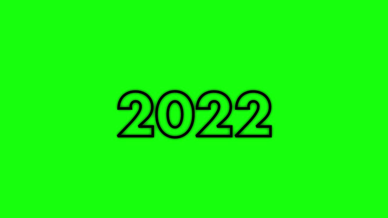 Number 2022, Happy New Year. Glowing black lettering appears on a green background. Green screen