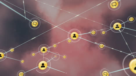 animación de la red de conexiones con las personas iconos sobre nubes rosadas