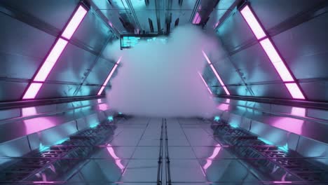 smoke filling futuristic metallic corridor with blue and purple neon lights illuminating reflective floor and ceiling, creating mysterious and futuristic atmosphere