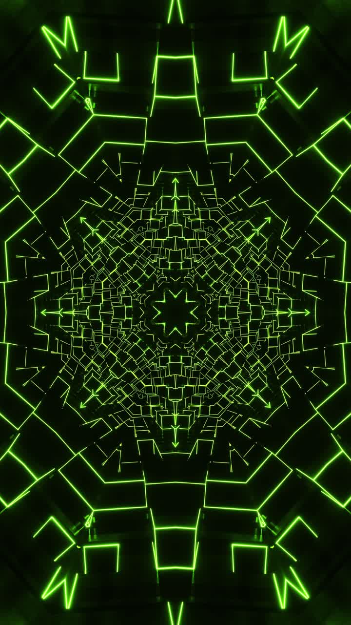 Sfondo astratto verde e nero con design circolare. Kaleidoscope VJ loop Verticale