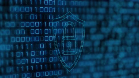 Animation of binary code over lights and digital shield with padlock