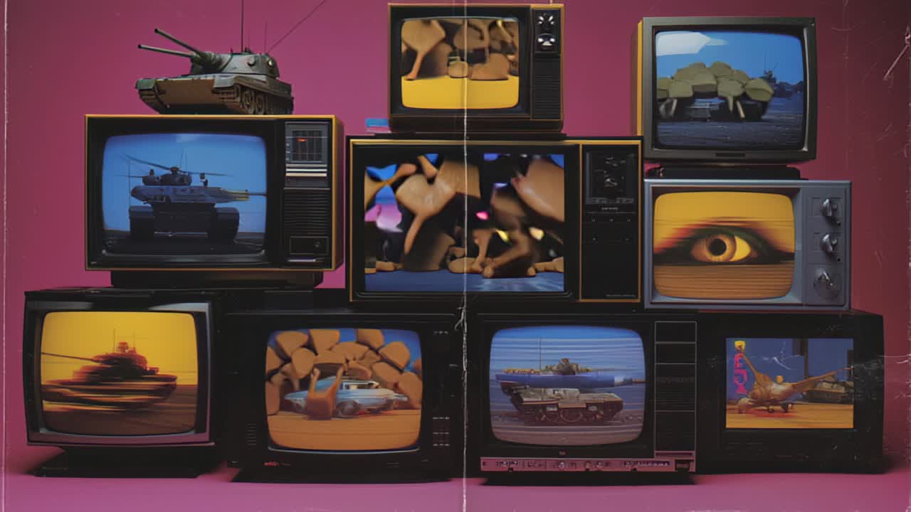 Retro CRT television set wall with multiple screens displaying tanks, armored vehicles, and an eye close-up, evoking propaganda, media control, and conflict