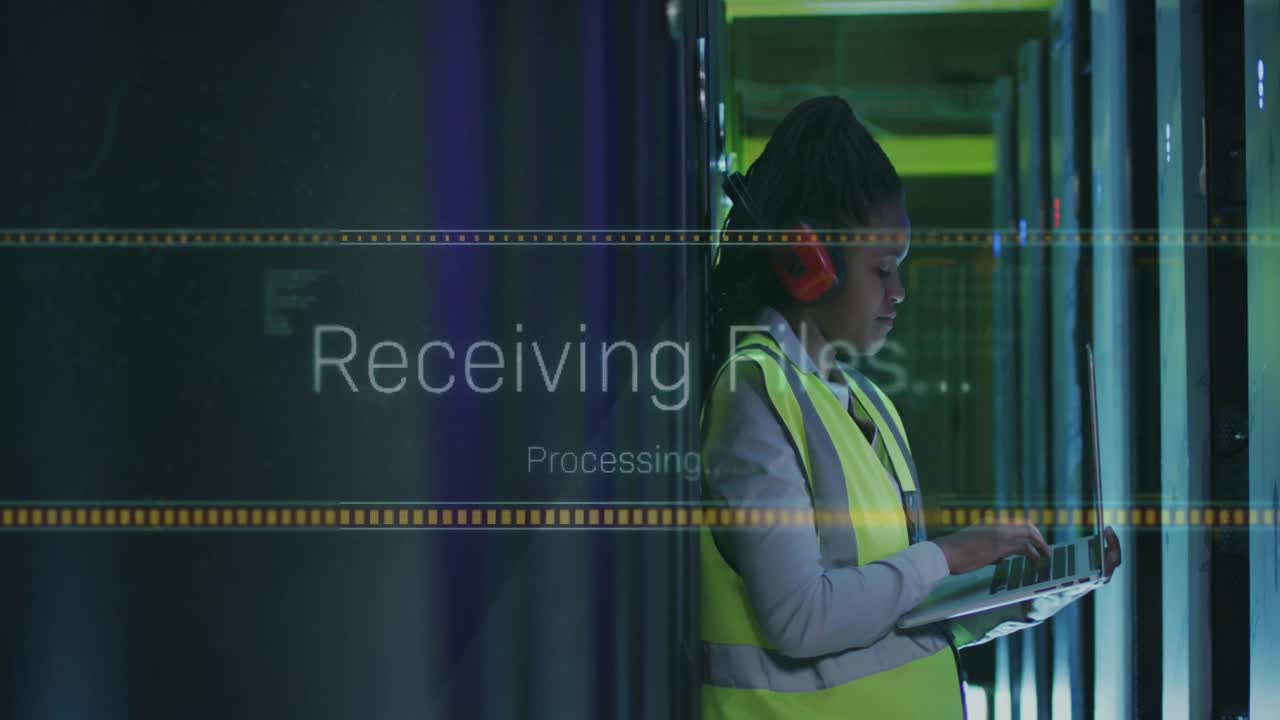 Animation of data processing over african american female it engineer and computer servers