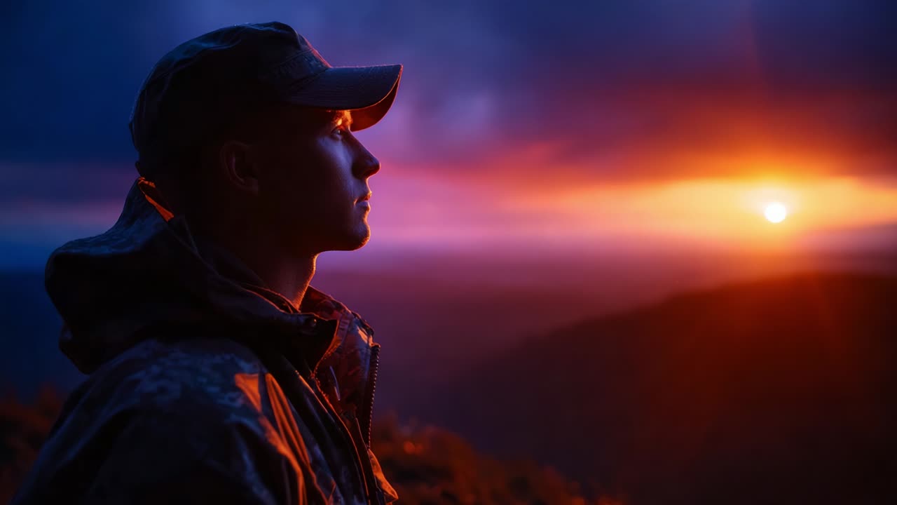 Inspiring Dawn: A Silhouetted Figure Contemplating Life at Sunrise Amidst A Breathtaking Landscape Transition, Where the Glimmer of Daylight Meets the Dusk's Embrace