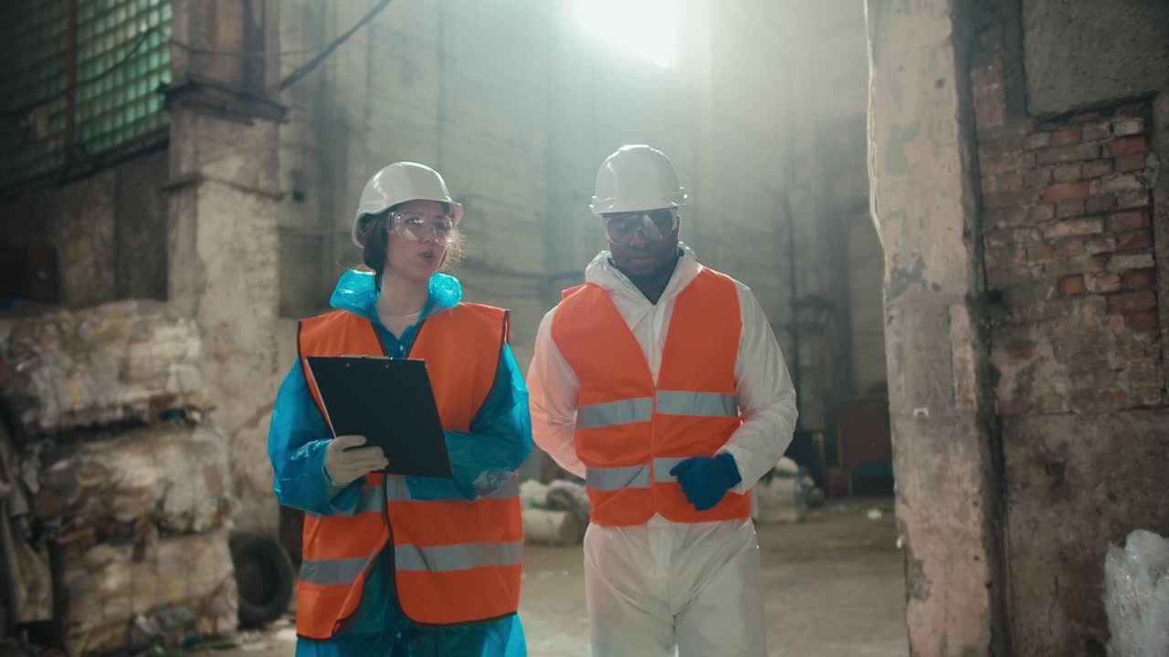 A duo of engineers a girl in protective clothing and an orange vest walks with a guy with Black skin and a White helmet through a huge old waste processing plant and communicates while holding a tablet in her hands