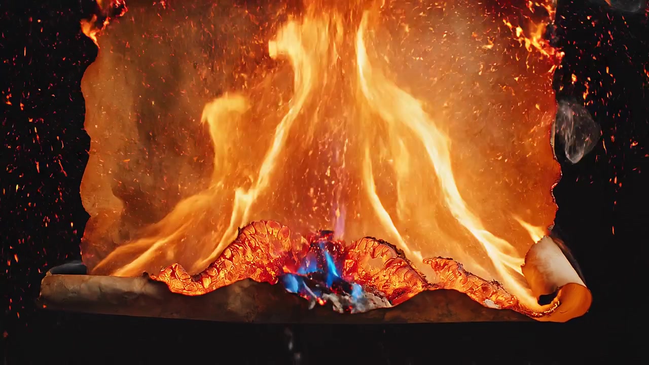 Vieux parchemin brûlant avec des flammes orange vives et de la fumée