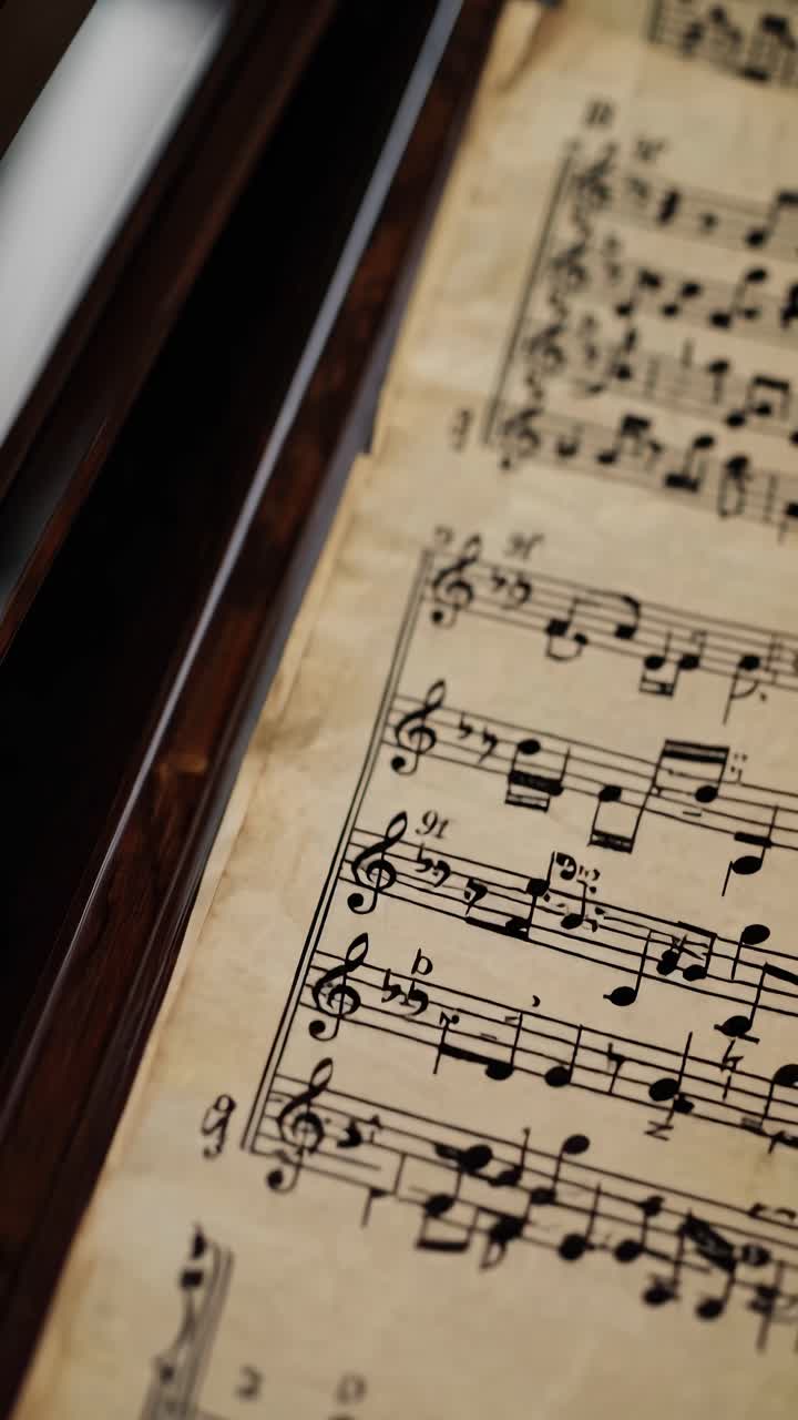 Close-up angle of vintage sheet music on a wooden piano, capturing the nostalgic essence