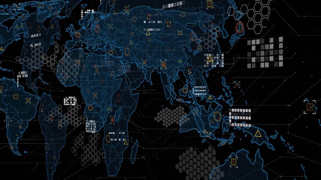 Digital animation of data processing over world map against black background