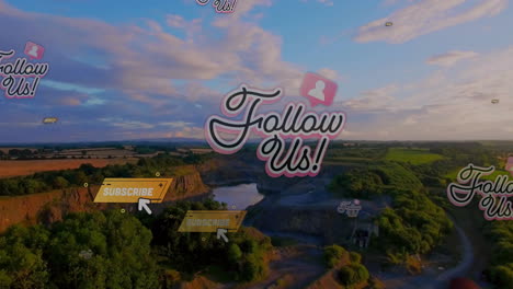 animation of follow us texts over landscape