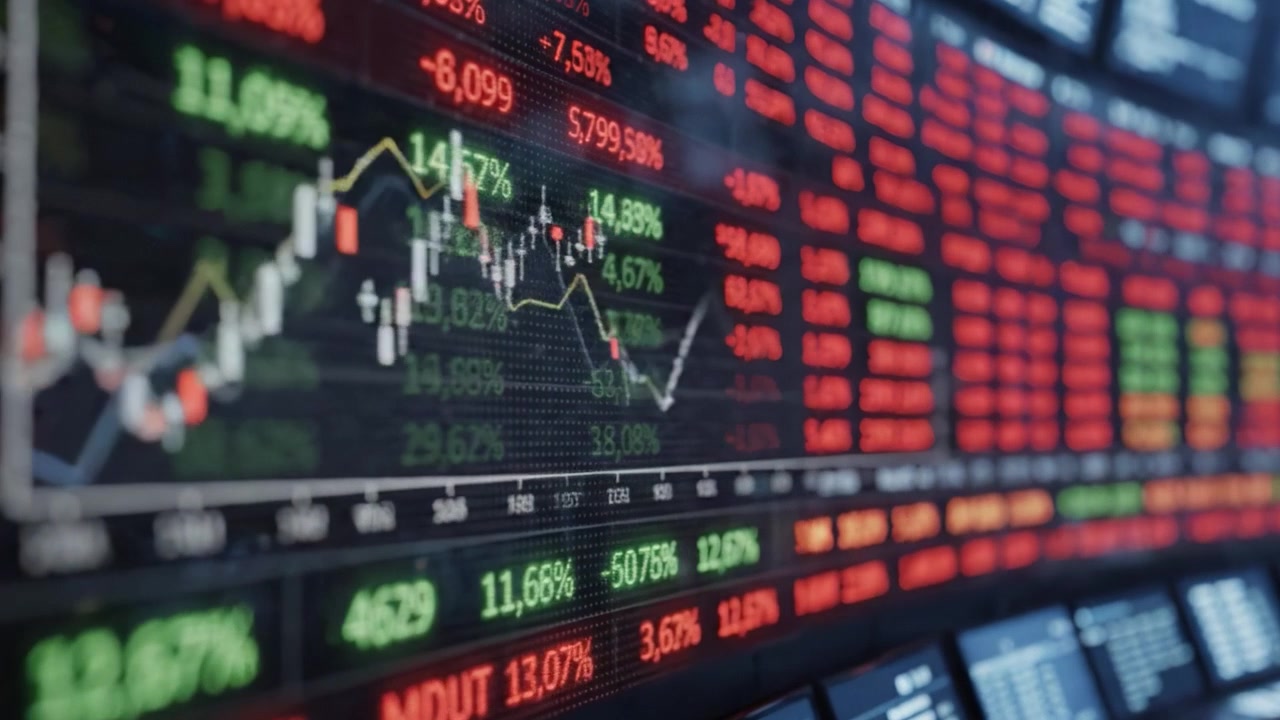 Analisi Dinamica del Mercato Azionario con Vivaci Display Digitali di Dati di Trading, Prezzi delle Azioni e Tendenze di Mercato, con un Focus sulla Volatilità e le Opportunità di Investimento