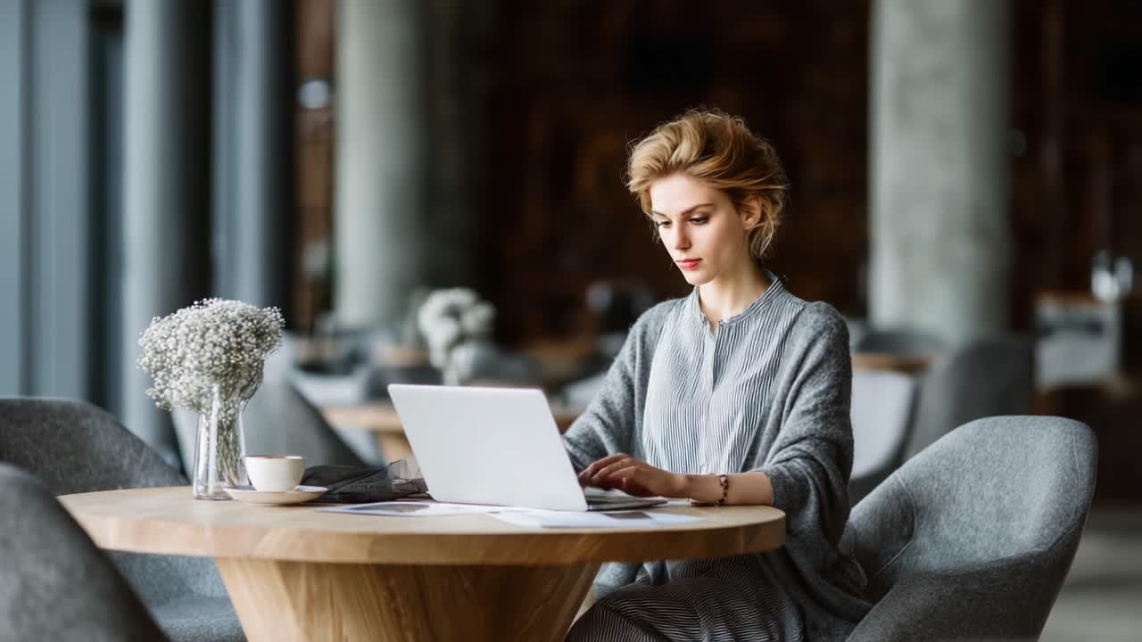 Focused Professional Woman Working on Laptop in Cozy Cafe Setting, Surrounded by Elegant Decor and Natural Light, Emphasizing Productivity and Calm Atmosphere