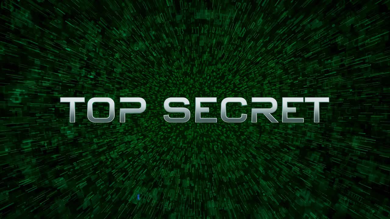 Starting frame green flow streaking 3D TOP SECRET holding center in data tunnel showing secret