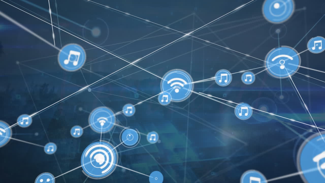 animación de una red de iconos digitales sobre formas cuadradas brillantes contra un fondo azul