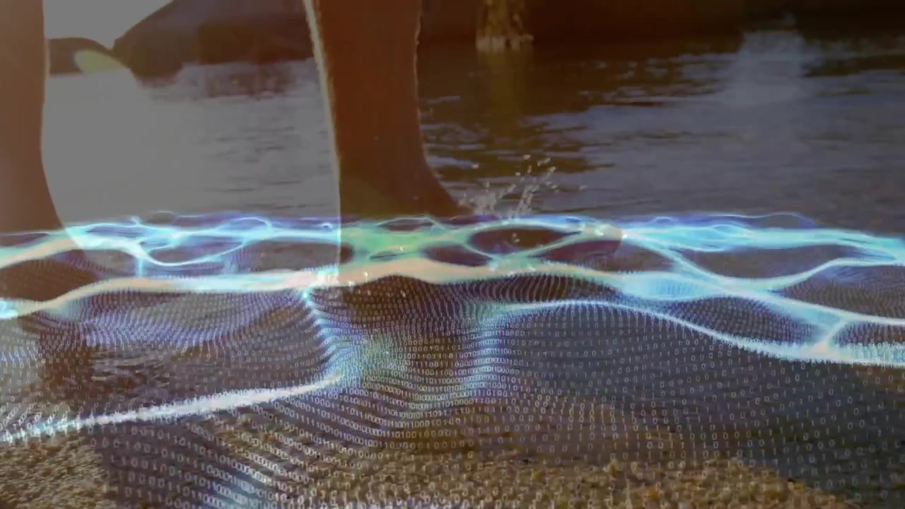 Shifting weight, man's bare feet in shorts wading along sandy shore with animated blue grid overlay