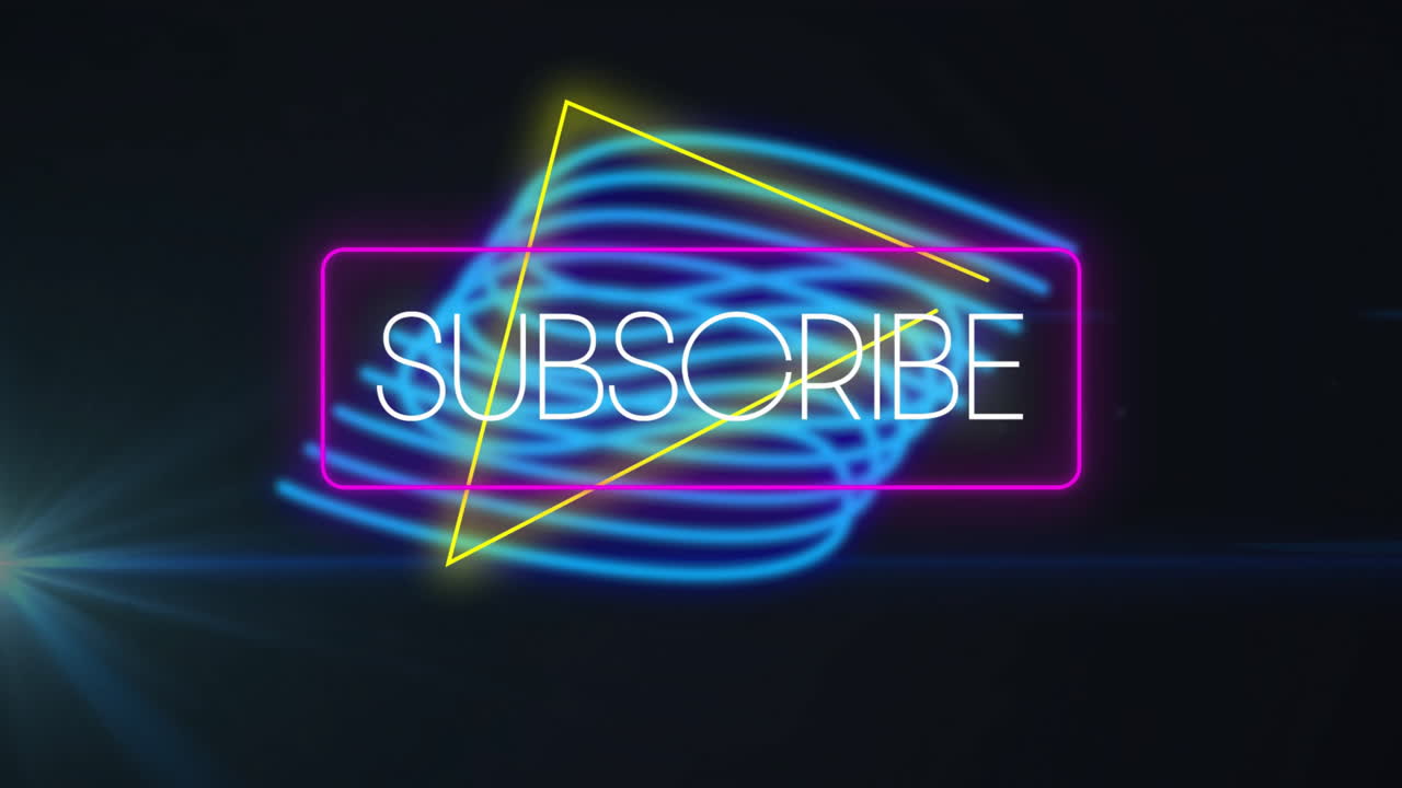 Animation of neon subscribe text with geometric shapes on swirling blue light